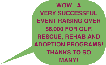WOW.  A VERY SUCCESSFUL EVENT RAISING OVER $6,000 FOR OUR RESCUE, REHAB AND ADOPTION PROGRAMS! THANKS TO SO MANY!